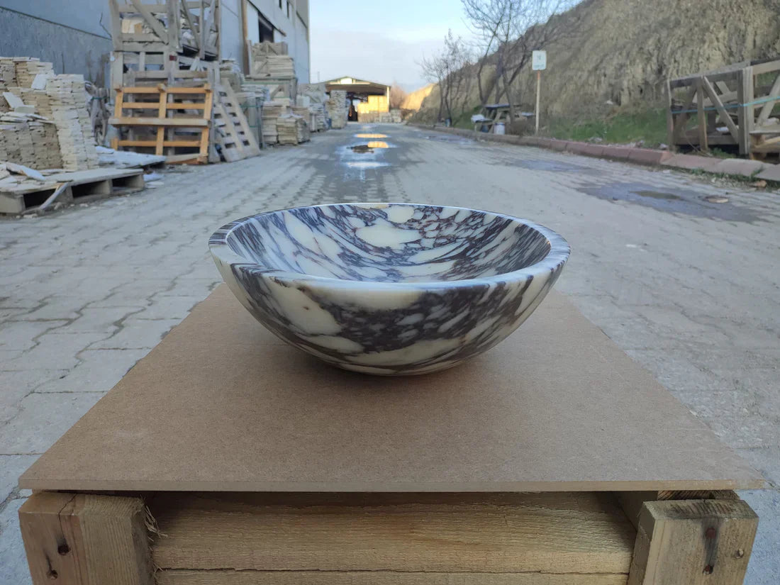 Lavabo de salle de bains ovale en marbre Calacatta Viola à poser (L) 46 cm (l) 36 cm (H) 13 cm - En stock