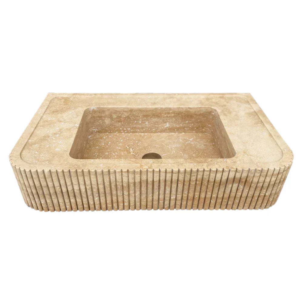 Meuble-lavabo de salle de bains en travertin « Tuscany Walnut » à fixation murale, façade texturée nervurée - PRÊT À ÊTRE EXPÉDIÉ