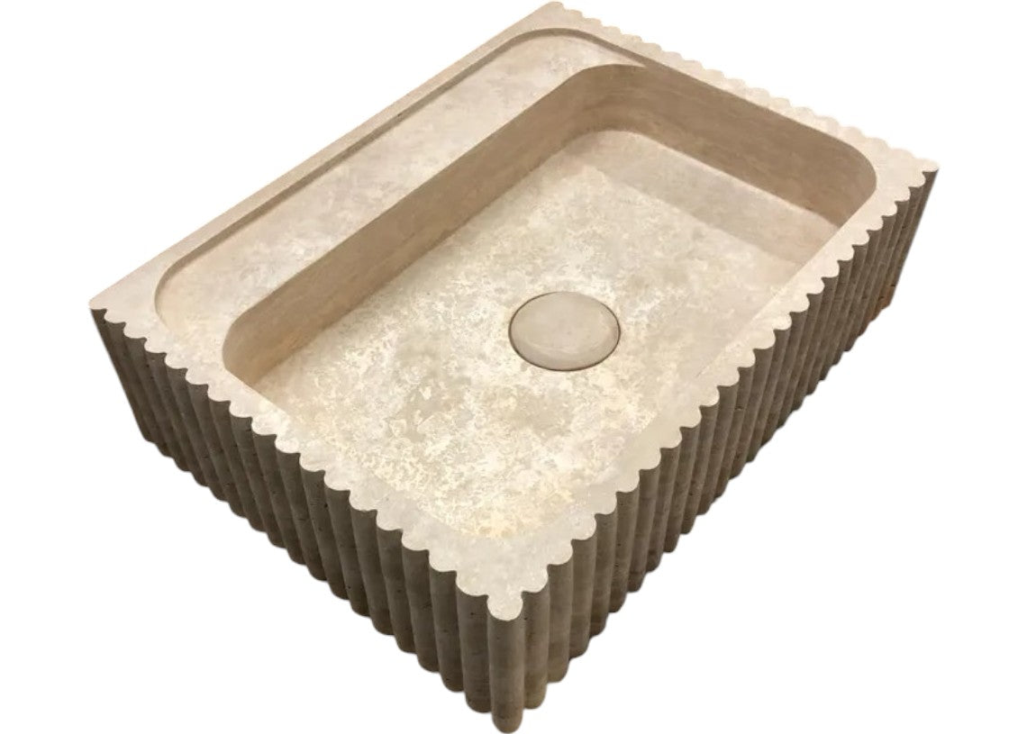 Lavabo de salle de bains rectangulaire en travertin beige, à fixer au mur, cannelé (L) 51 cm (l) 61 cm (H) 16 cm
