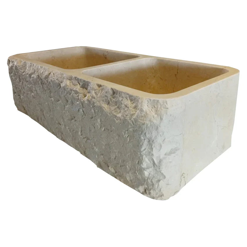 Évier de cuisine de style rustique en marbre Botticino Beige à double cuve (L) 41 cm (l) 82 cm (H) 26 cm