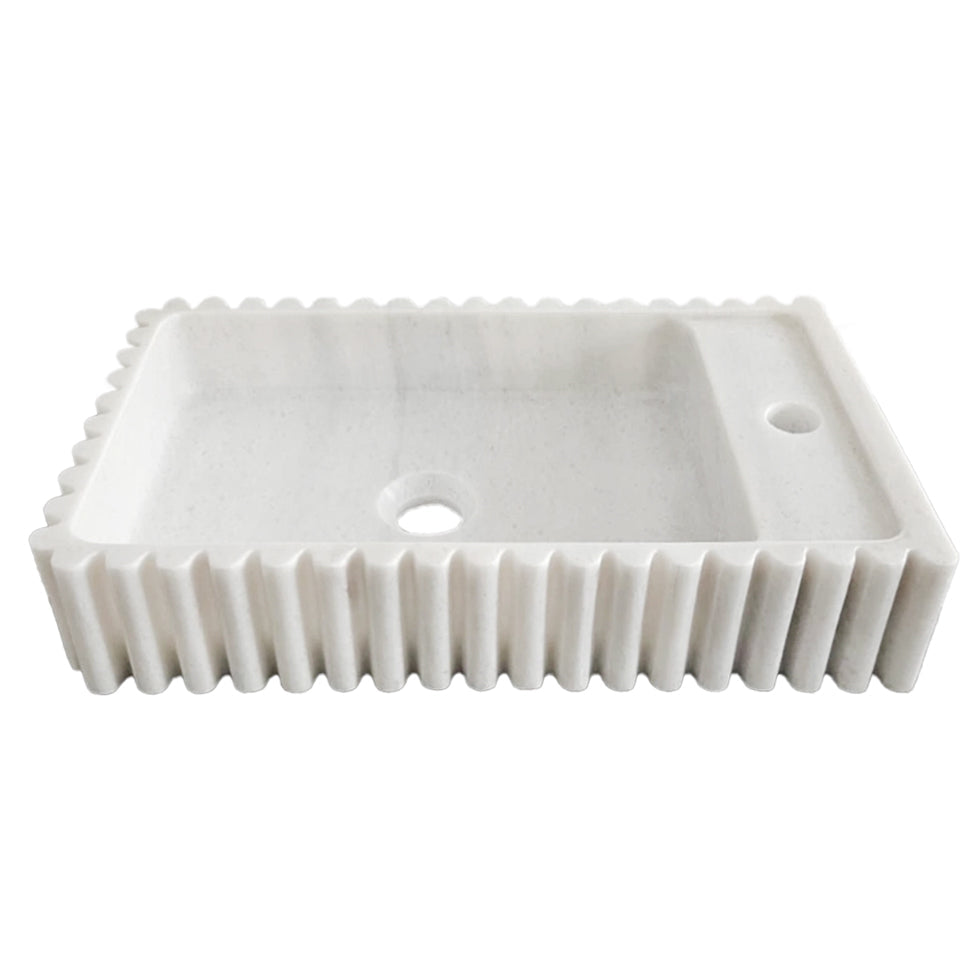 Lavabo de baño de mármol blanco de Carrara para montaje en pared, con acabado acanalado (Ancho) 31 cm (Largo) 51 cm (Alto) 11 cm