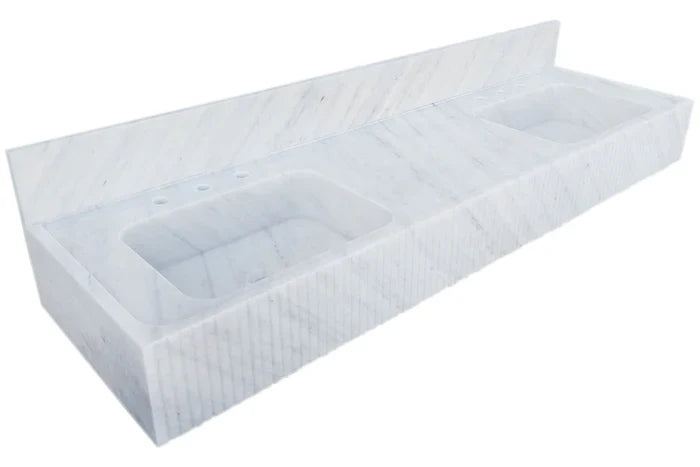 Lavabo doble de baño de mármol blanco de Carrara con bordes acanalados en la parte frontal (ancho) 54 cm (largo) 183 cm (alto) 21 cm