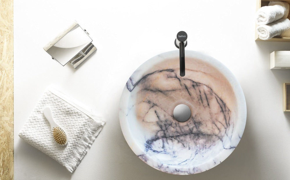 Lavabo redondo de mármol blanco de Nueva York, de piedra natural, pulido (diámetro) 31 cm (altura) 13 cm