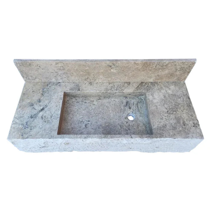 Lavabo de baño rústico rectangular de travertino plateado para montaje en pared con salpicadero de 21 cm