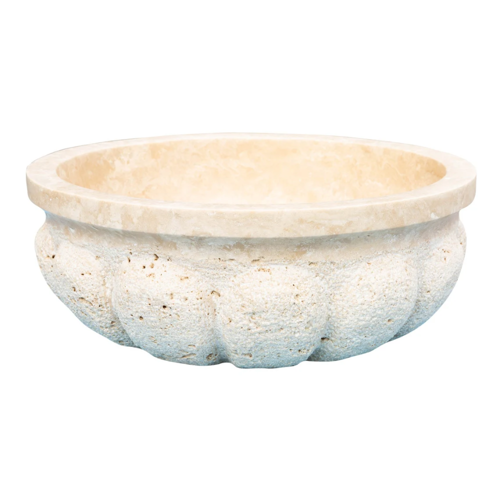 Lavabo de piedra natural de travertino claro con forma de calabaza, acabado mate (D) 41 cm (H) 16 cm