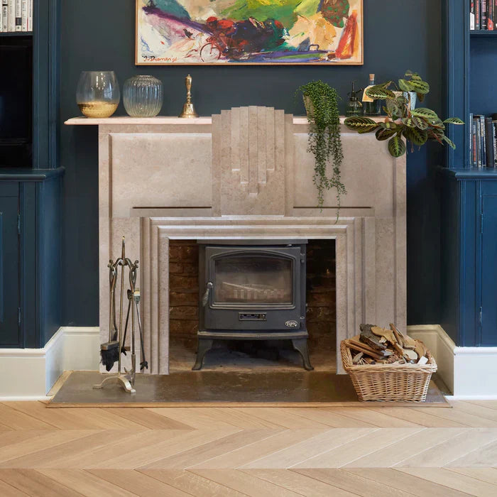 Cornisa de chimenea Art Déco de mármol beige capuchino, tallada a mano y pulida (Ancho) 178 cm (Largo) 188 cm