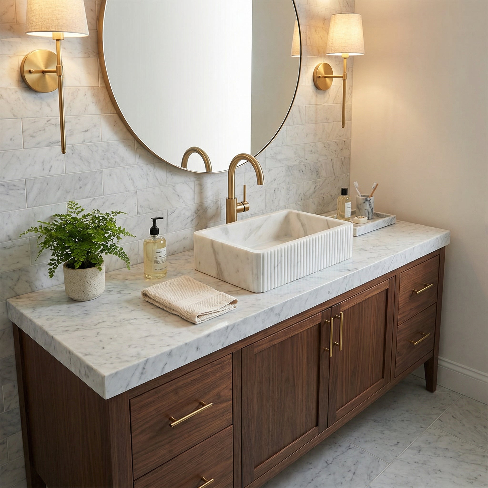 Wandmontiertes Waschbecken aus weißem Carrara-Marmor mit geriffelter Struktur (B) 41 cm (T) 61 cm (H) 16 cm