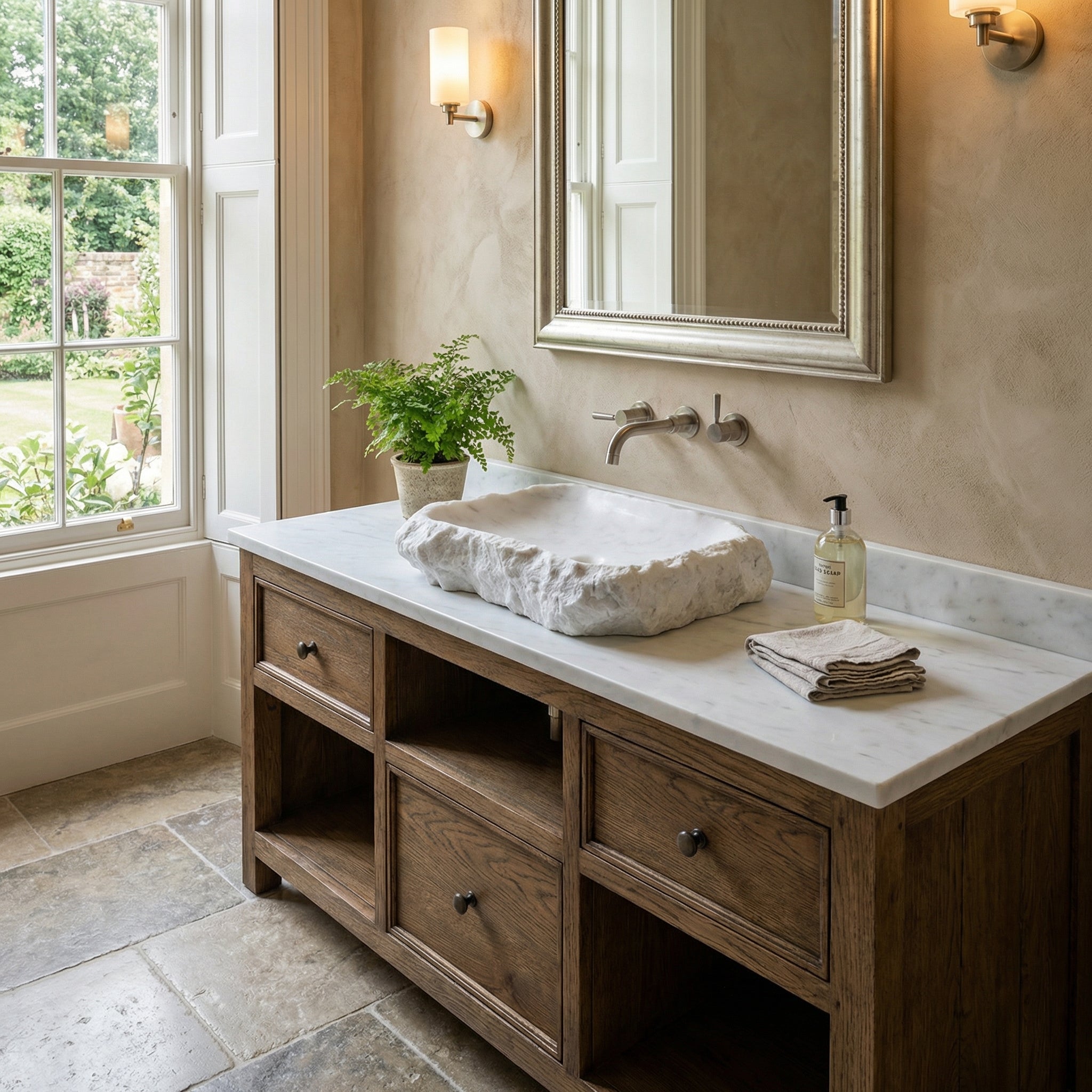 حوض من الحجر الطبيعي على الطراز الريفي من رخام كارارا، بسطح داخلي مصقول وواجهة خارجية منحوتة يدويًا (العرض) 41 سم (الطول) 56 سم (الارتفاع) 13 سم