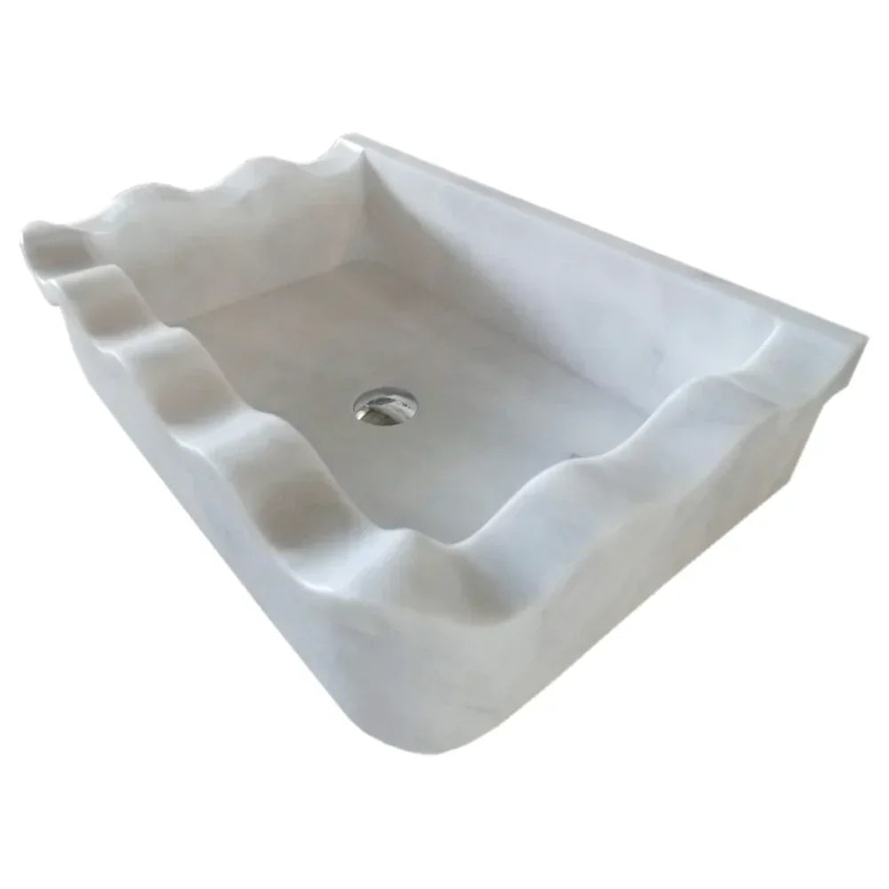 Lavabo de salle de bain rectangulaire en marbre blanc de Carrare, à fixer au mur, bords ondulés (L) 41 cm (l) 61 cm (H) 16 cm