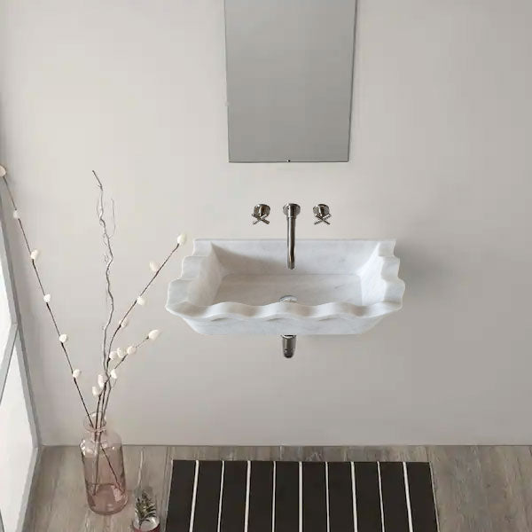 Lavabo de salle de bain rectangulaire en marbre blanc de Carrare, à fixer au mur, bords ondulés (L) 41 cm (l) 61 cm (H) 16 cm