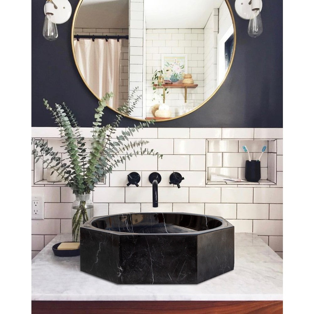 حوض مغسلة مثمن الشكل من الرخام الأسود "توروس" مصقول (قطر) 41 سم (ارتفاع) 13 سم