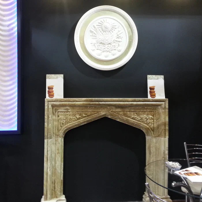 Marco de chimenea tallado a mano en piedra natural ónix miel translúcida, estilo villa francesa (Ancho) 16 cm, (Largo) 145 cm, (Alto) 133 cm