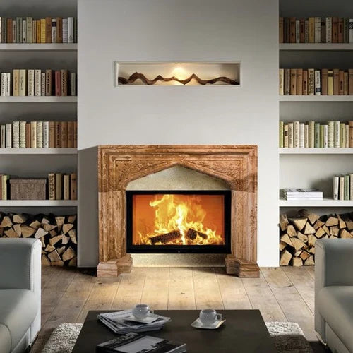 Marco de chimenea tallado a mano en piedra natural ónix miel translúcida, estilo villa francesa (Ancho) 16 cm, (Largo) 145 cm, (Alto) 133 cm