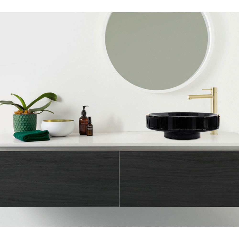 حوض مغسلة من الحجر الطبيعي من الرخام الأسود "توروس" يُركب فوق سطح العمل، مصقول، قطر (41 سم)، ارتفاع (16 سم)