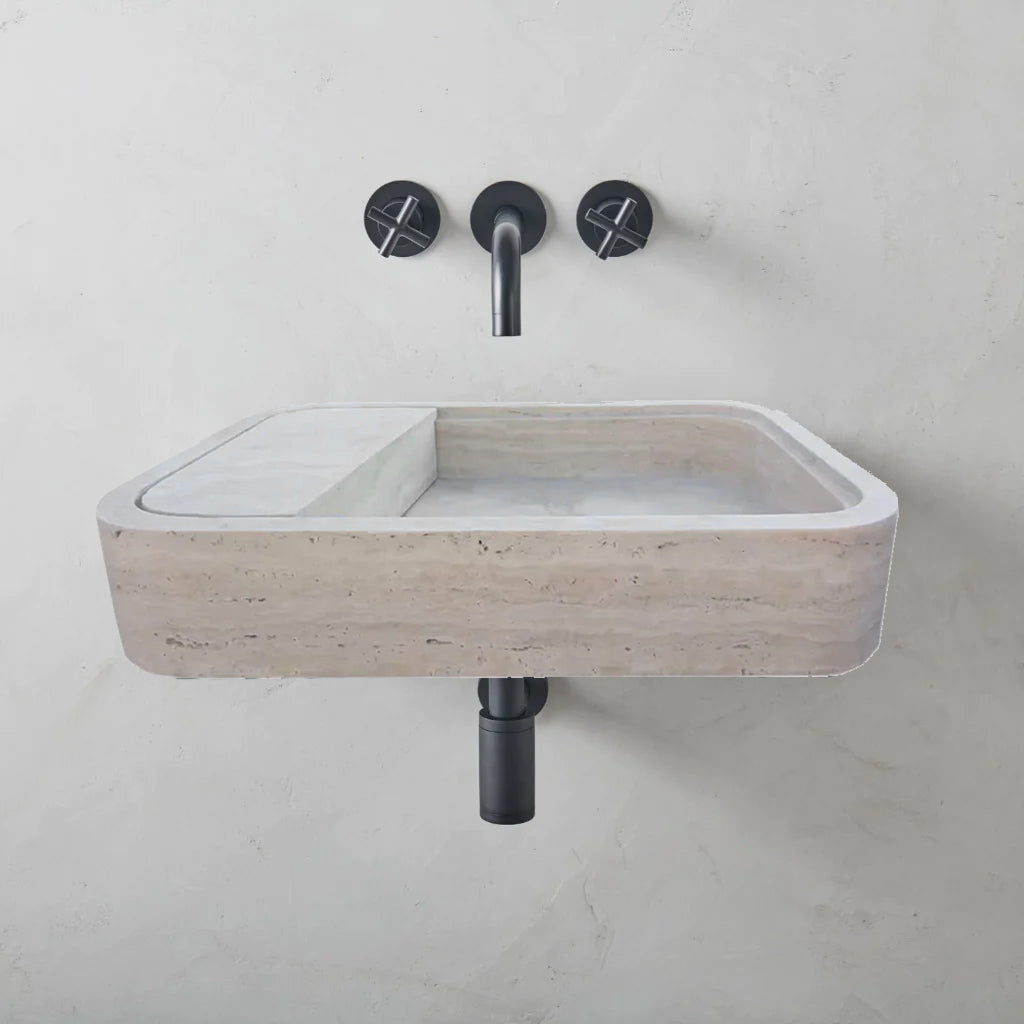 Lavabo de salle de bain rectangulaire en travertin beige, à fixation murale, avec vidage dissimulé (L) 41 cm (l) 61 cm (H) 13 cm - PRÊT À ÊTRE EXPÉDIÉ