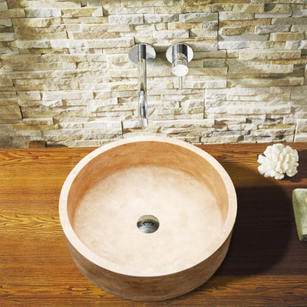 Lavabo de piedra natural de travertino clásico de forma redonda (D) 41 cm (H) 16 cm