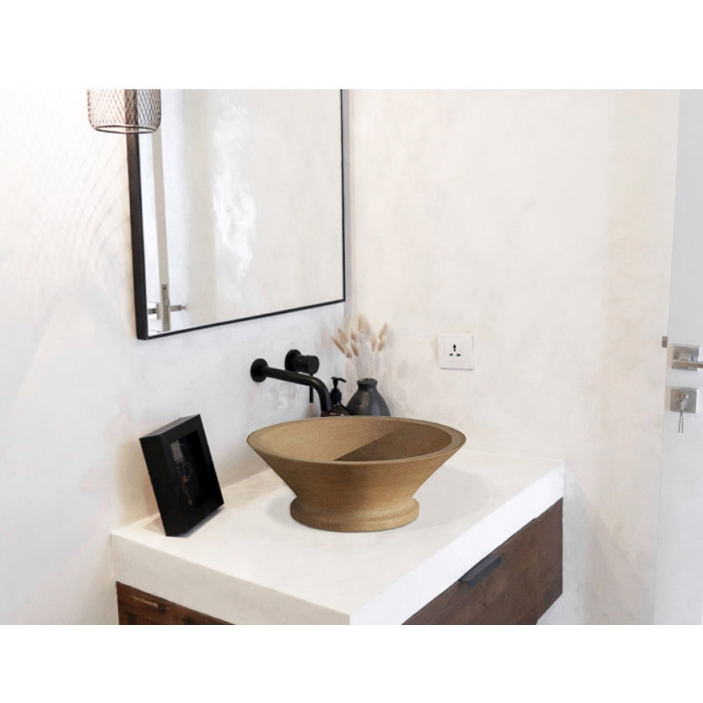 Lavabo de travertino de forma cónica clásica, de piedra natural (D) 41 cm (H) 16 cm