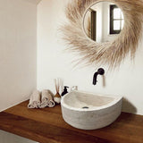 Waschbecken aus Naturstein, Travertin „Deep Half Light“, Sonderanfertigung, geschliffen und verspachtelt (B) 26 cm (L) 42 cm (H) 12 cm