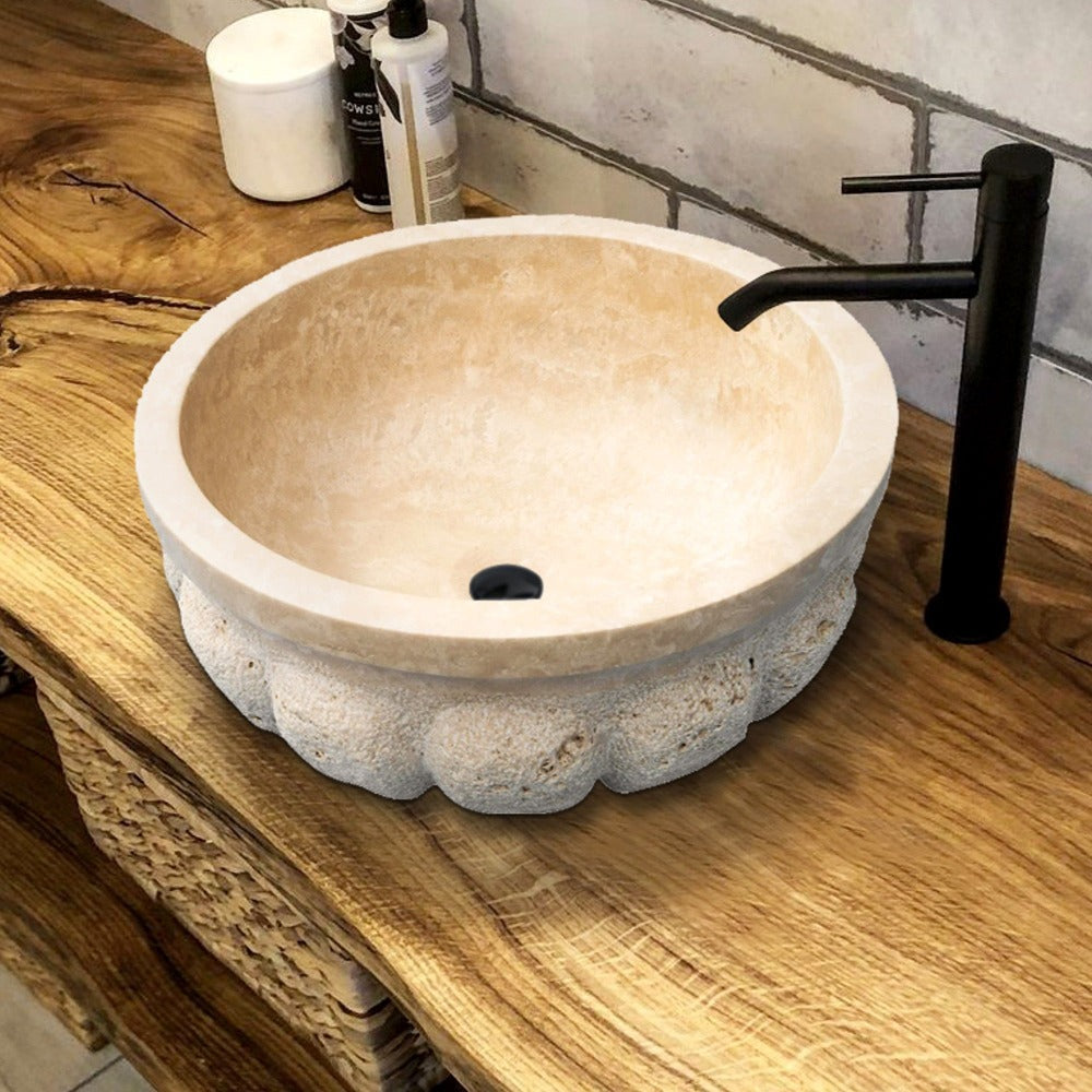 Lavabo de piedra natural de travertino claro con forma de calabaza, acabado mate (D) 41 cm (H) 16 cm