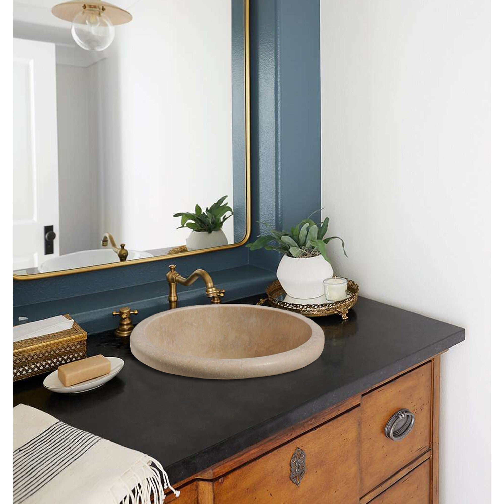 Lavabo de piedra natural de travertino claro (diámetro) 36 cm (altura) 16 cm