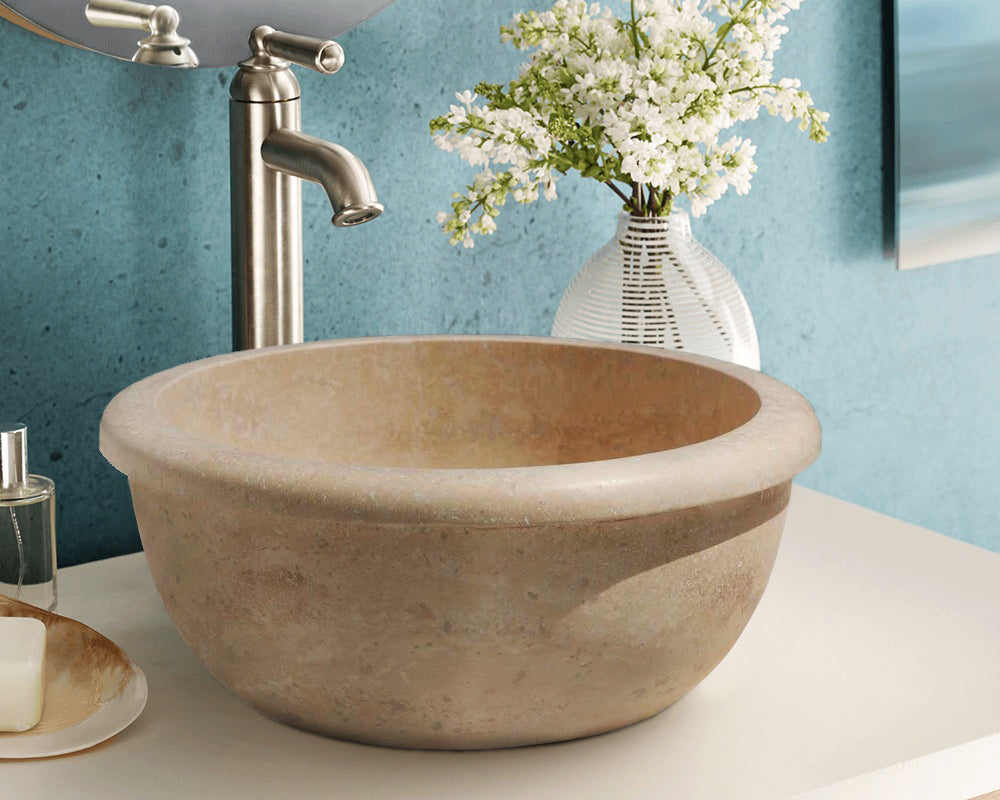 Lavabo de piedra natural de travertino claro (diámetro) 36 cm (altura) 16 cm