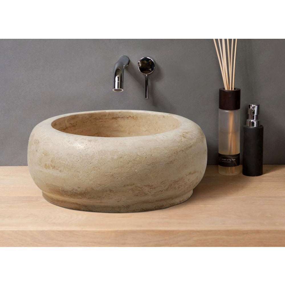 Lavabo de travertino redondo de piedra natural (D) 46 cm (H) 18 cm