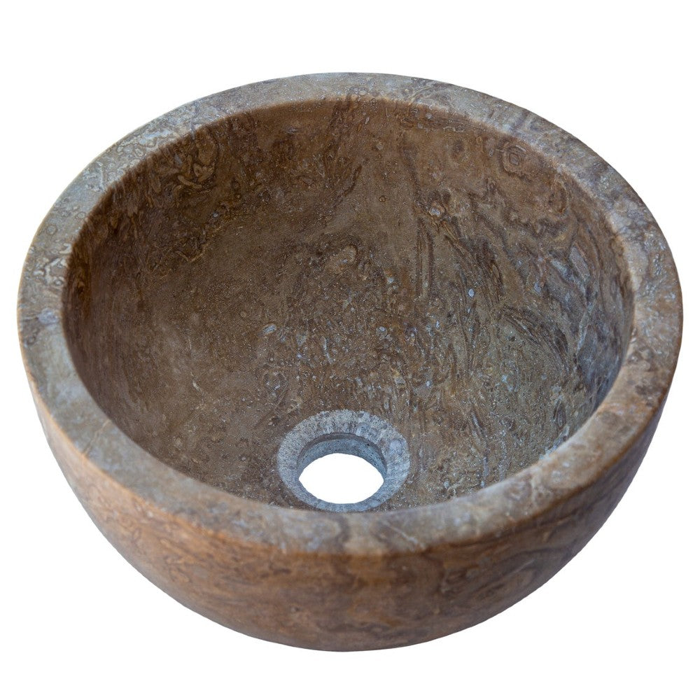 Lavabo rond en pierre naturelle de travertin brun Noce, à poser sur meuble (D) 32 cm (H) 16 cm
