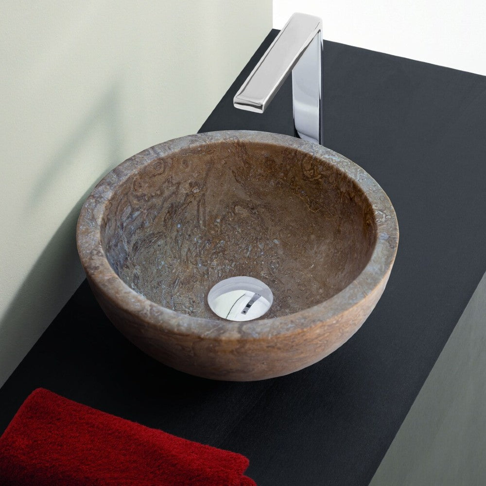 Lavabo rond en pierre naturelle de travertin brun Noce, à poser sur meuble (D) 32 cm (H) 16 cm