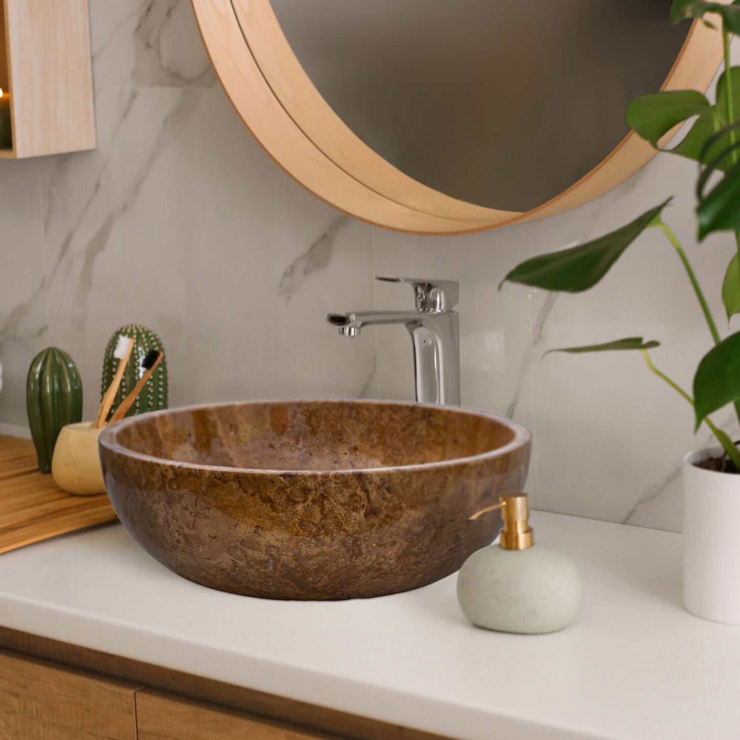 Lavabo de salle de bain en pierre naturelle de travertin brun Noce, à poser sur meuble, poli (D) 41 cm (H) 16 cm - PRÊT À ÊTRE EXPÉDIÉ