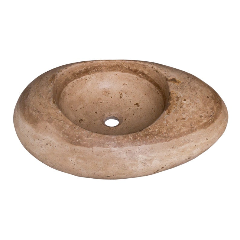 Lavabo de salle de bains en pierre naturelle de travertin Noce, modèle « Kayak », à poser sur meuble (L) 41 cm (l) 59 cm (H) 16 cm - En stock