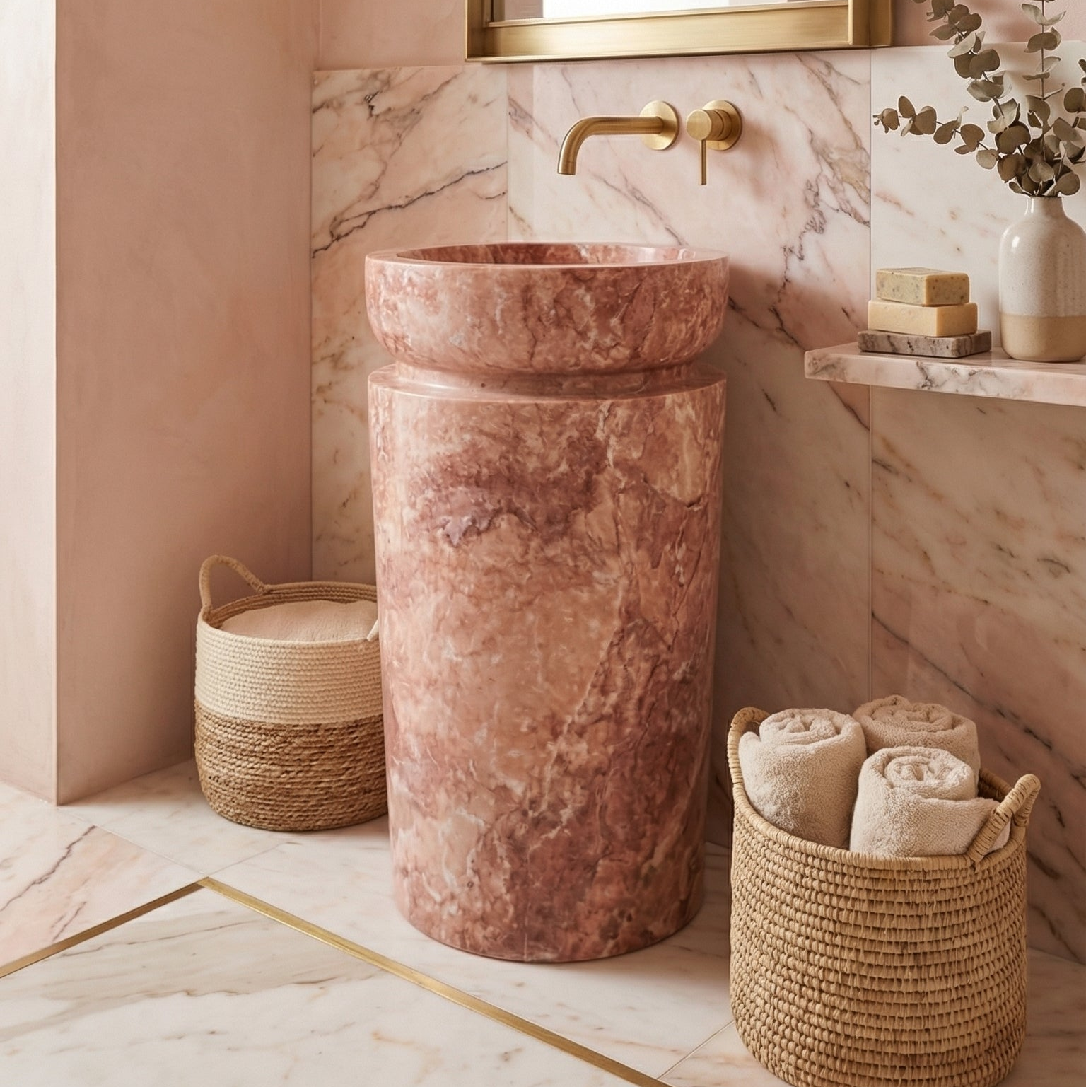 Freistehendes Waschbecken aus rotem Travertin mit Sockel (B) 46 cm (L) 46 cm (H) 84 cm