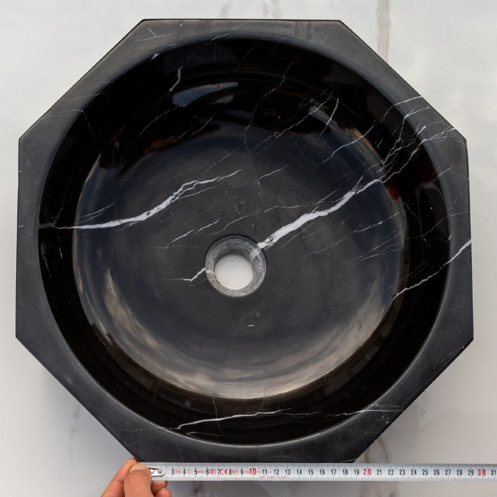 Toros Black Marble Octagon Vessel Sink Bowl Polished (D)41 cm (H)13 cm – Turkish Marble | Size & Format View – Mekmar Natural Stone