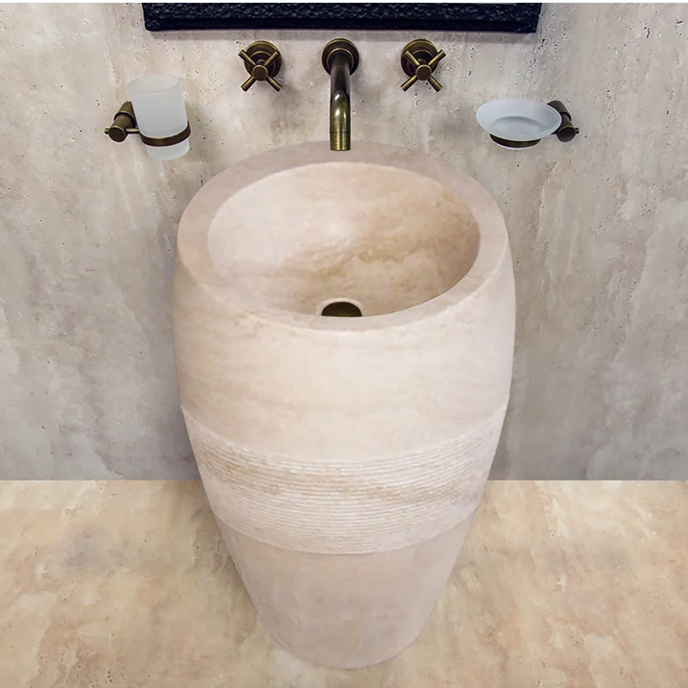 Lavabo sur pied « Troia Light » en travertin, modèle courbé, finition adoucie (D) 41 cm (H) 86 cm