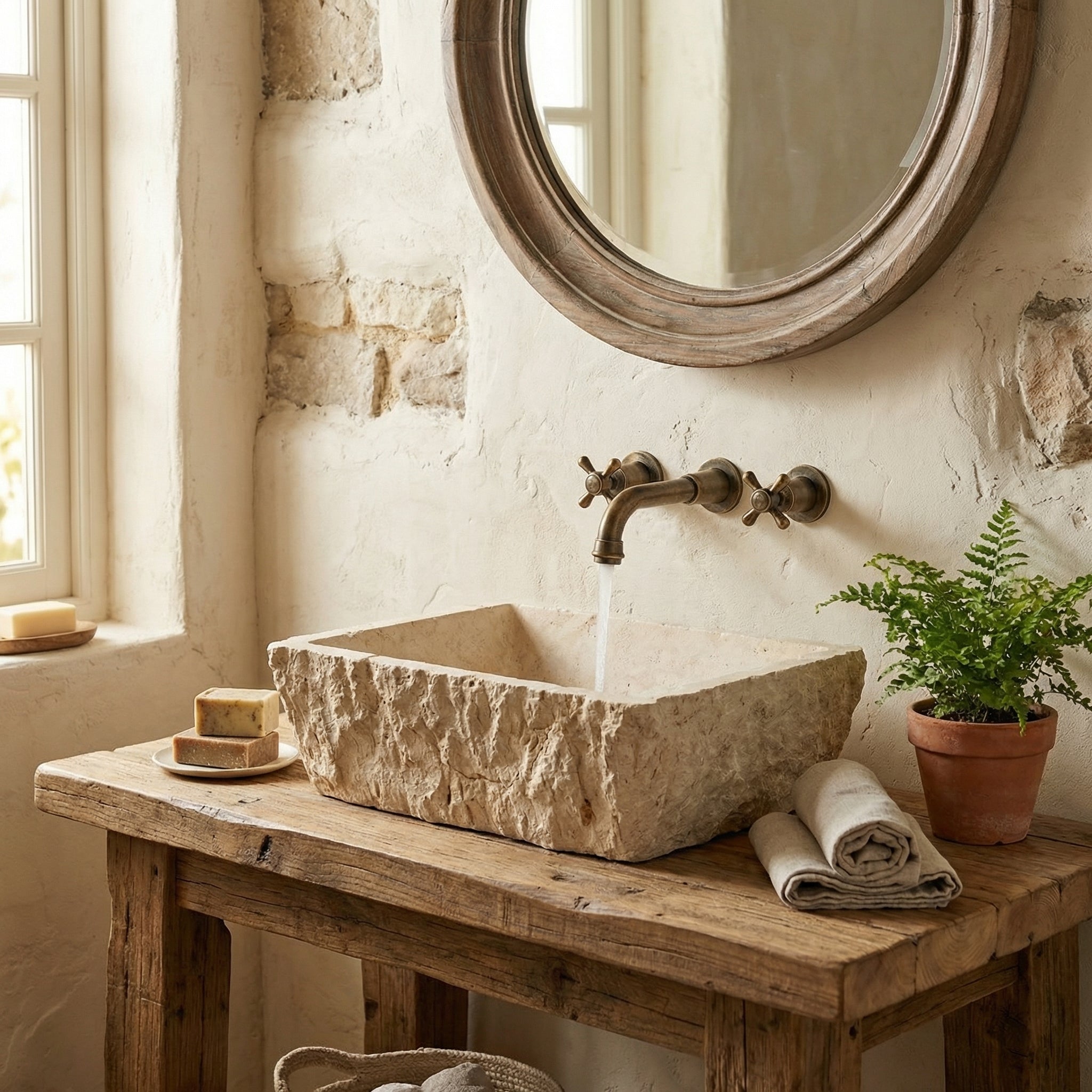 Troia Light – Rustikales Naturstein-Aufsatzwaschbecken, innen geschliffen, außen handgemeißelt (B) 31 cm (L) 44 cm (H) 16 cm