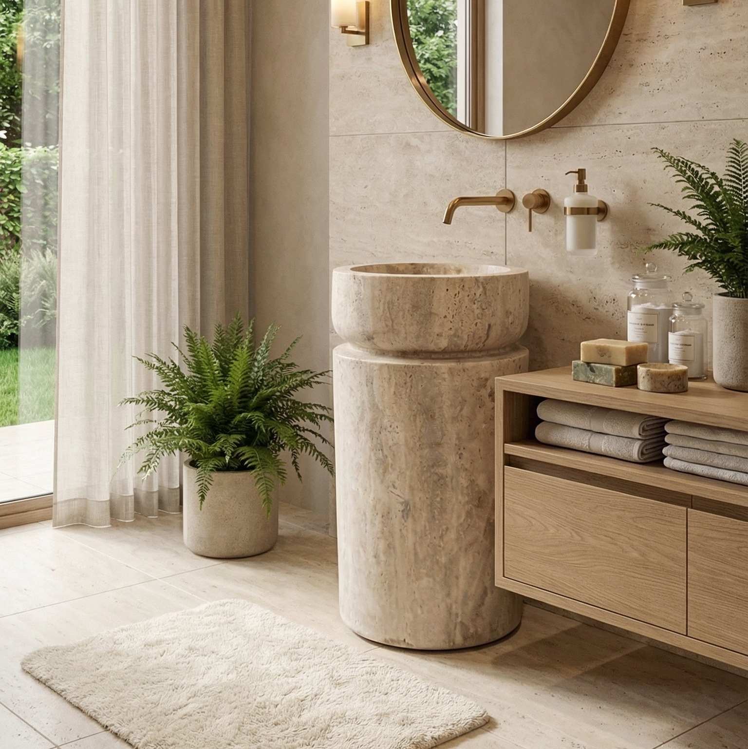 Troia Light Travertin Designer-Waschtisch mit Sockel (B) 46 cm (L) 46 cm (H) 84 cm