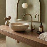 حوض مغسلة من الحجر الطبيعي الترافرتين باللون البيج، مصقول ومعالج (قطر) 41 سم (ارتفاع) 16 سم