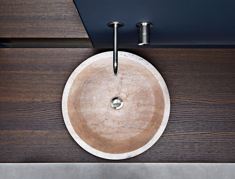 Lavabo sur pied en travertin beige naturel, fini adouci  (D) 41 cm (H) 16 cm