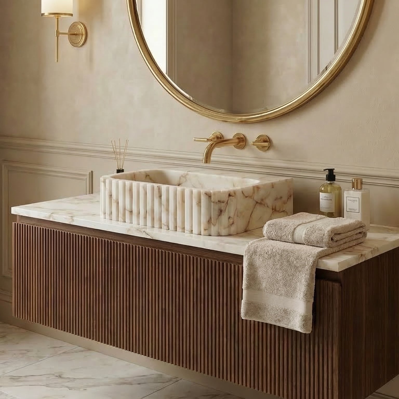 Meuble-lavabo mural en marbre Calacatta Gold, à cannelures (L) 41 cm (l) 51 cm (H) 16 cm