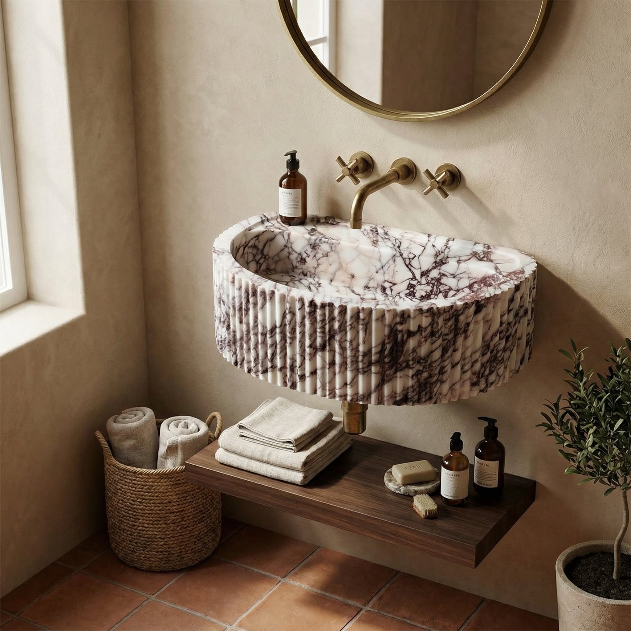 حوض حمام نصف دائري مخدد من الرخام كالاكاتا فيولا، مثبت على الحائط (العرض) 41 سم (الطول) 61 سم (الارتفاع) 21 سم