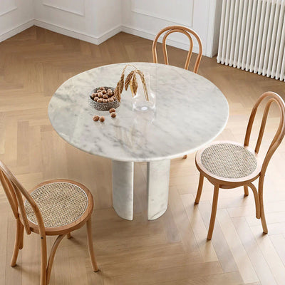 Mesa de comedor redonda de mármol blanco de Carrara con patas redondas de mármol (diámetro) 122 cm (altura) 92 cm