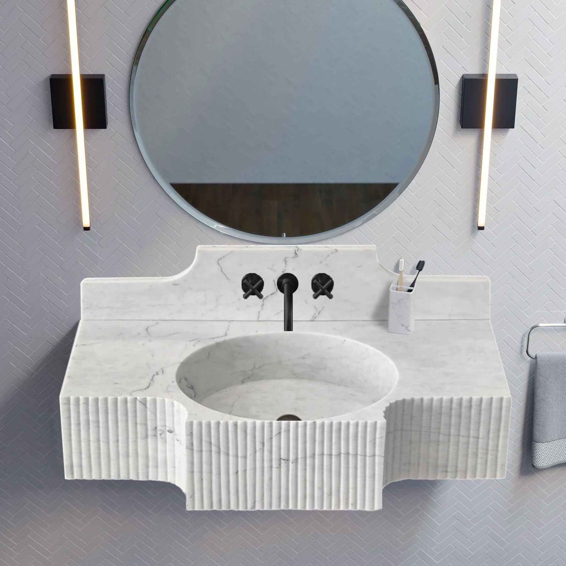 Lavabo de baño de mármol blanco de Carrara para montaje en pared con salpicadero de 26 cm (ancho) 46 cm (largo) 122 cm (alto) 26 cm