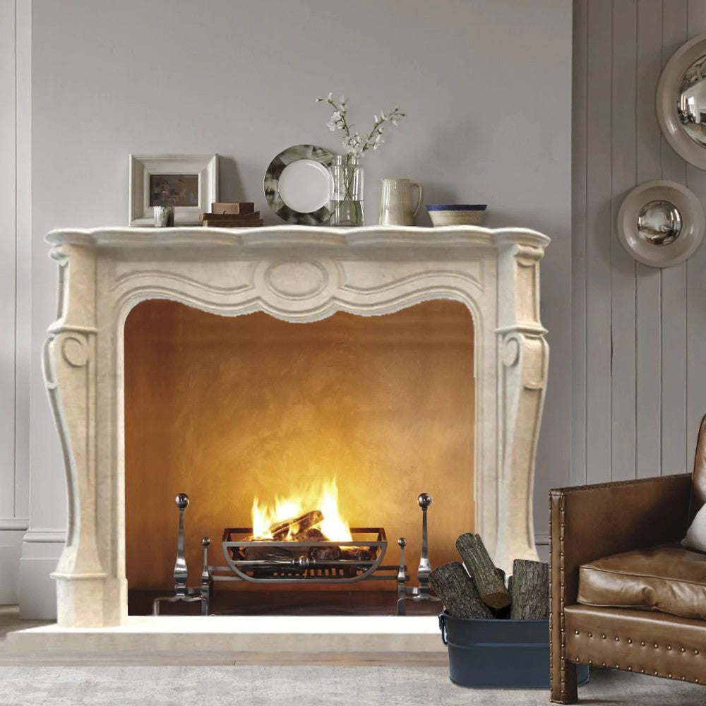 Mampara de chimenea tallada a mano en mármol Crema Marfil, estilo villa francesa