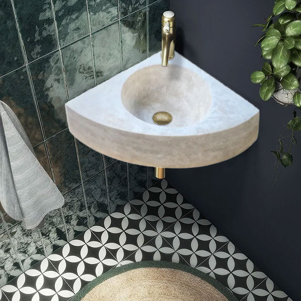 Lavabo de esquina de travertino beige claro para montaje en pared (ancho) 40 cm (largo) 40 cm (alto) 11 cm