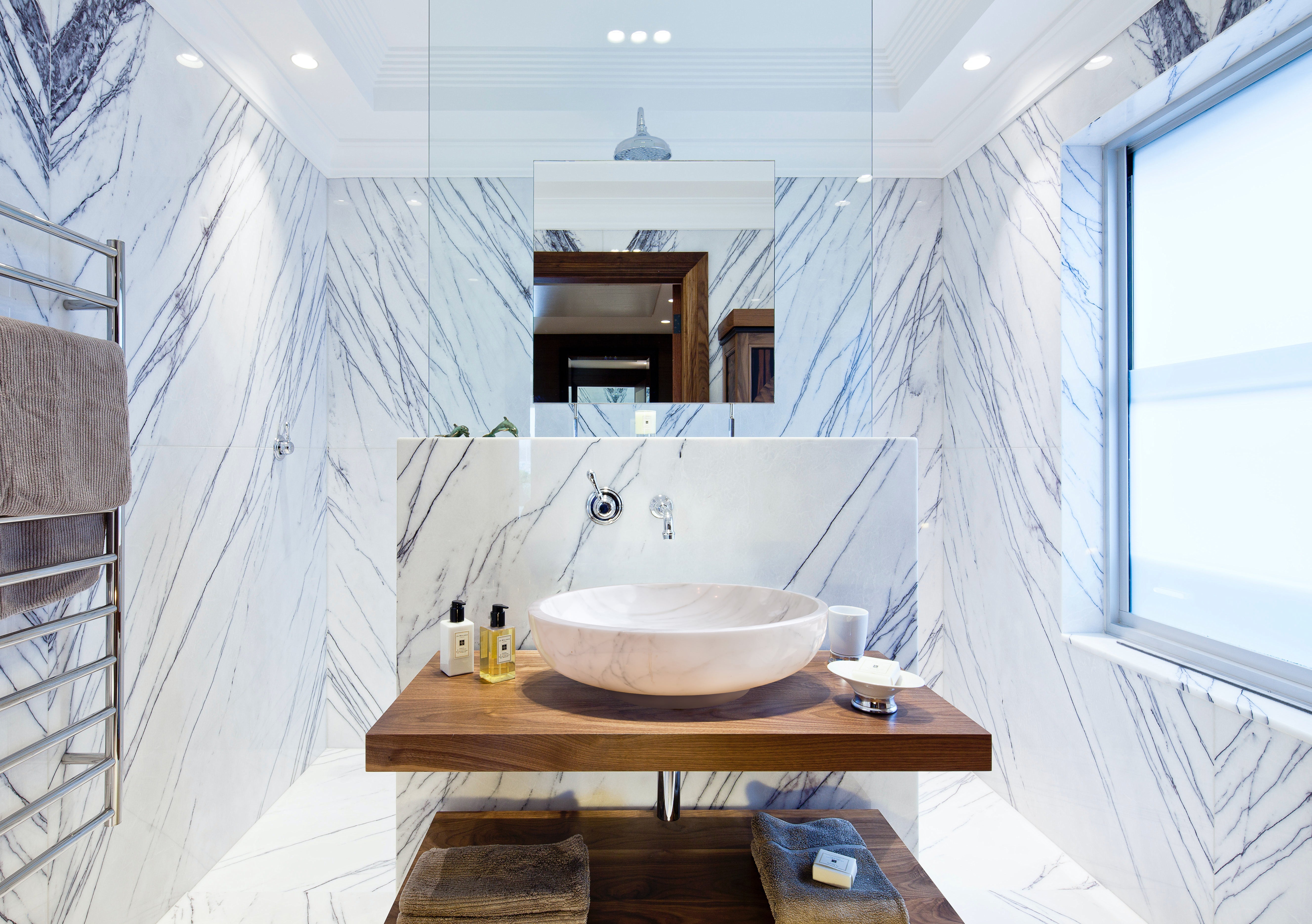 Lavabo sur pied en marbre blanc Calacatta, pierre naturelle, fini poli (D) 49 cm (H) 16 cm