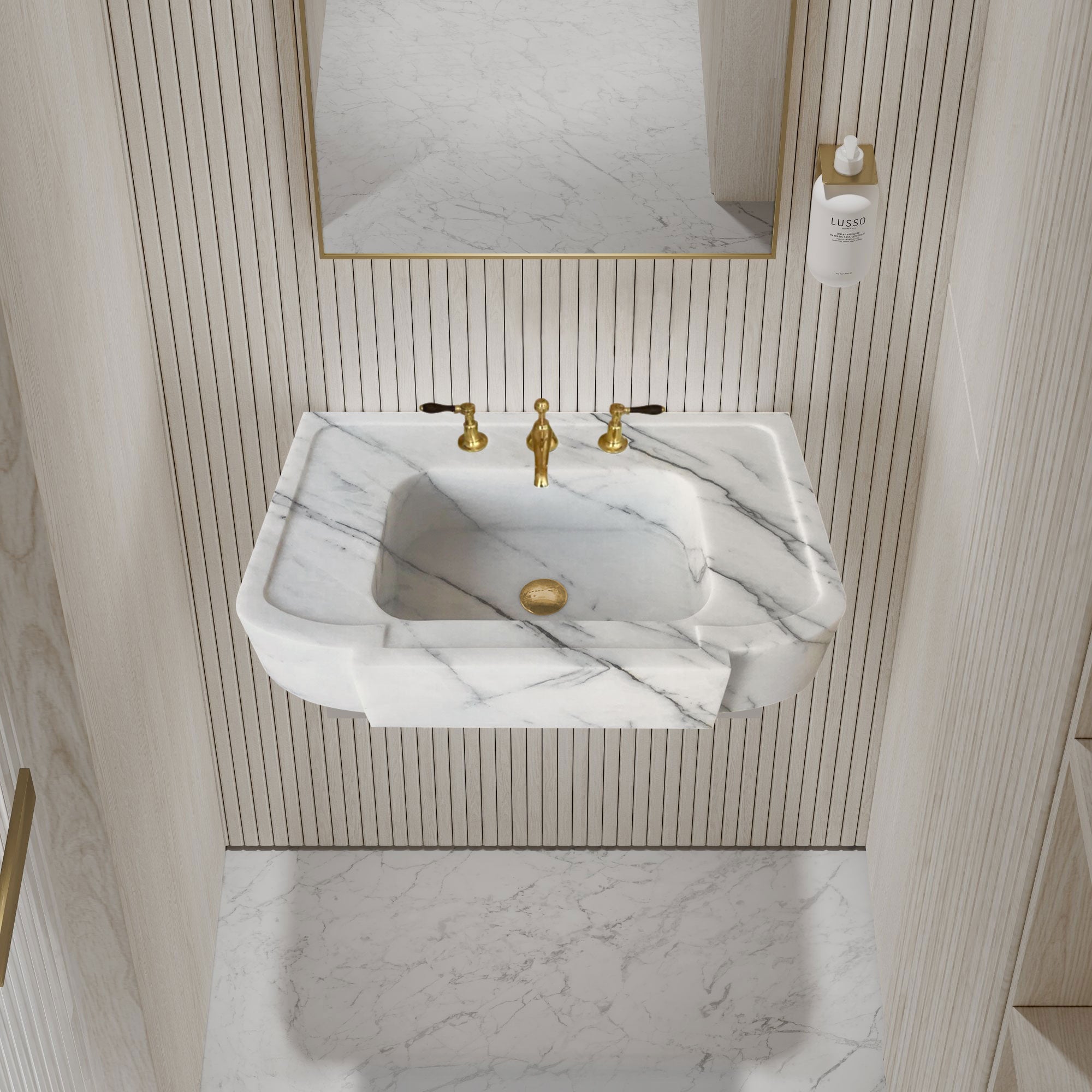 حوض حمام من الرخام الأبيض من نيويورك، مثبت على الحائط، مصقول (العرض) 46 سم (الطول) 72 سم (الارتفاع) 16 سم