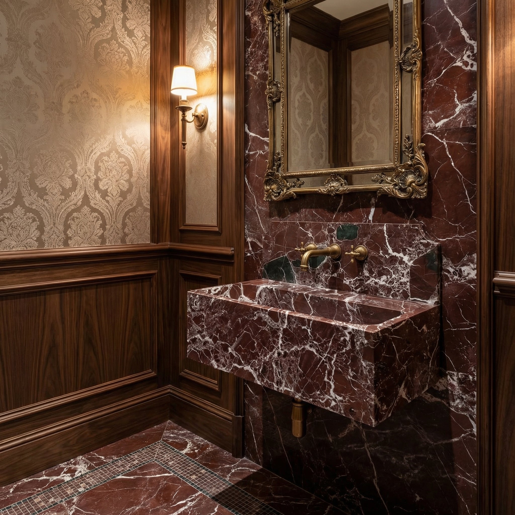 حوض حمام من الرخام "روسو ليفانتو" مثبت على الحائط مع حاجز رش مائي بطول 28 سم (العرض) 41 سم (الطول) 77 سم (الارتفاع) 31 سم