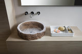 Lavabo de piedra rústica de travertino plateado, interior pulido y exterior cincelado a mano (Diámetro) 41 cm (Altura) 16 cm
