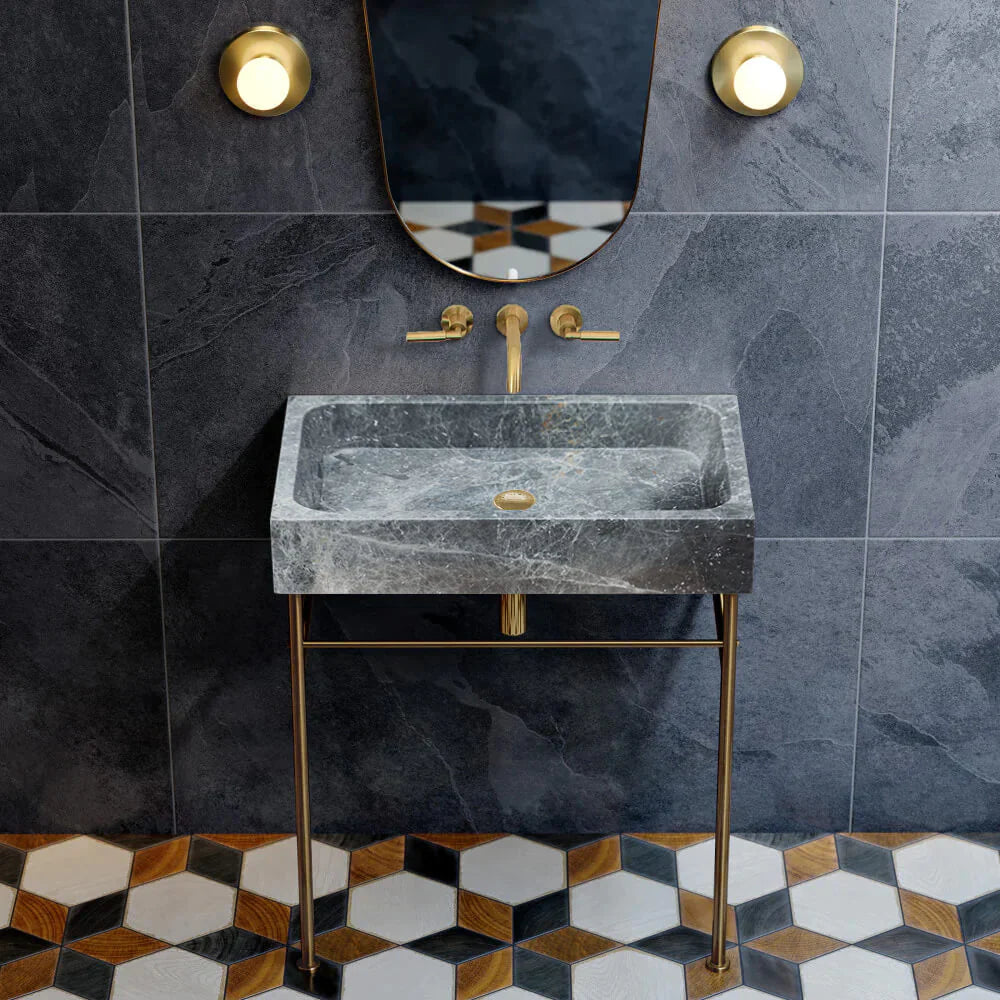 حوض حمام مستطيل من الرخام الرمادي سيريوس يوضع فوق وحدة التزيين (العرض) 39 سم (الطول) 61 سم (الارتفاع) 13 سم