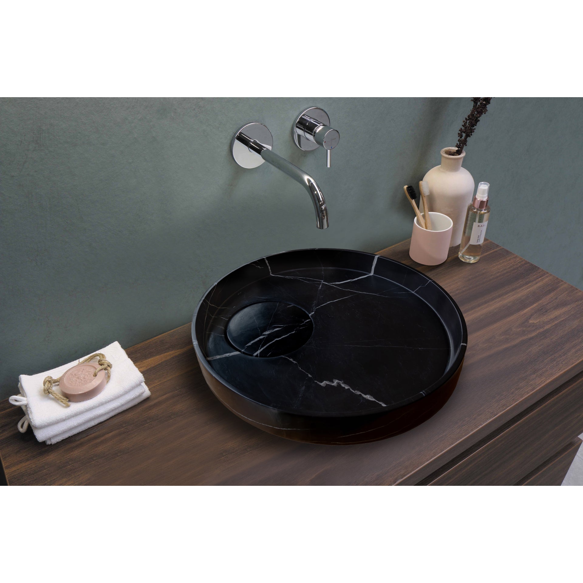 Lavabo sur pied artistique Toros en marbre noir naturel, poli (D) 45 cm (H) 16 cm