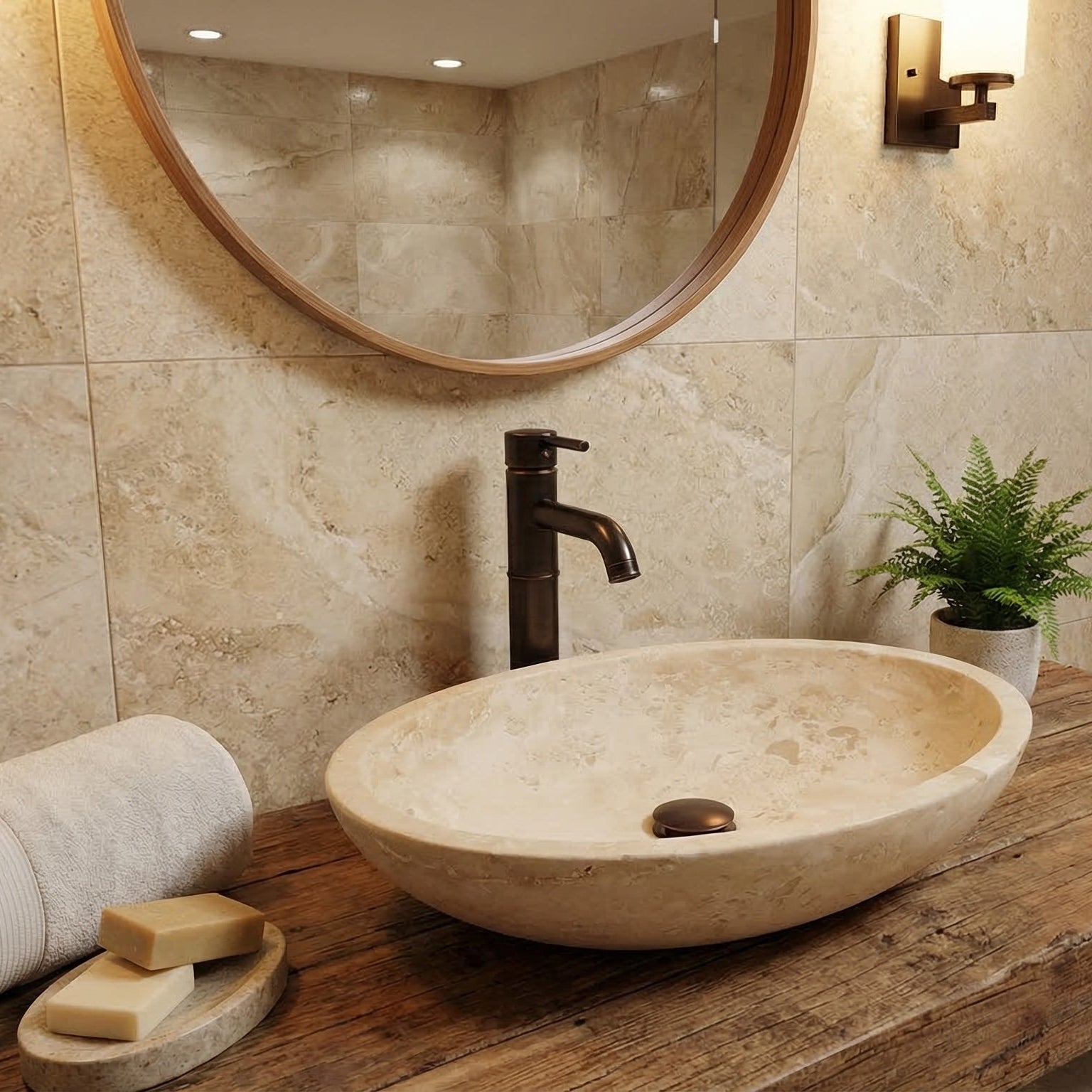 Lavabo ovale en pierre naturelle Travertin clair Troia (L) 41 cm (l) 54 cm (H) 16 cm